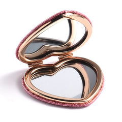 Elegant heart-shaped glittery folding cosmetic mirror – rose gold frame, hypoallergenic metal, portable and practical for girls